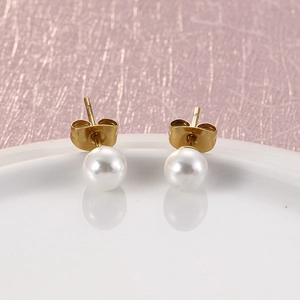 Elegant classic round white pearl stud earrings with 18k gold plated titanium steel finish