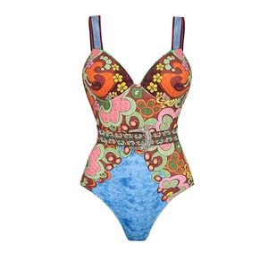 Retro floral one-piece swimsuit with patterned belt and engraved metallic buckle