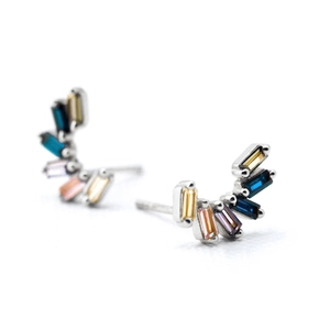 Rainbow arched stud earrings with multi-colored baguette-cut cubic zirconia and S925 silver base