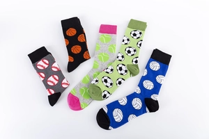 Detailed close-up of five pairs of cotton crew socks featuring sports ball knit patterns