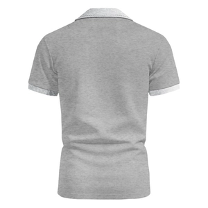 Detailed back view of a grey polo shirt showing fine knit texture and silver-accented collar