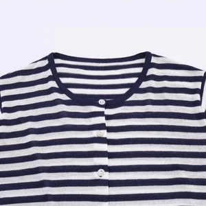 Blue and white striped knit cardigan with round neck and white pearlescent buttons
