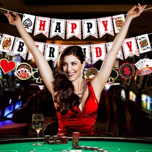 Casino themed Happy Birthday banner with poker cards and chips decorations for party setup
