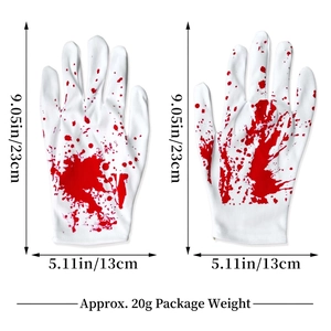 Detailed view of Halloween white gloves with realistic red blood splatter and dimensions