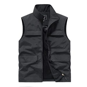 Men's outdoor windproof black vest with stand collar and multi-pocket functional design