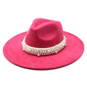 Elegant Wide Brim Fedora Hat Faux Suede Wool Felt With Artificial Pearl Band Vintage Jazz Style For Women