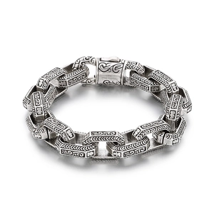 Vintage engraved 316L stainless steel chunky chain bracelet for men with silver finish