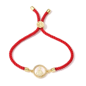 Adjustable red braided rope bracelet with golden religious medal and colorful zircon