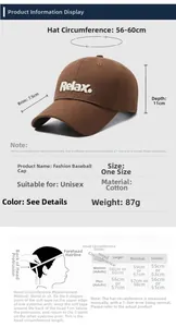 Size chart showing adjustable cotton baseball cap dimensions and head circumference guide