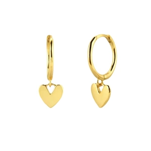 Minimalist gold heart dangle earrings featuring polished small hoops and solid heart charms