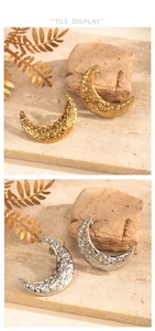 Detailed view of crescent moon stud earrings with hammered metal texture in gold and silver