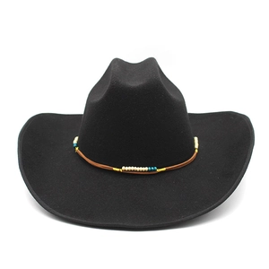 Detail of black wool fedora hat featuring brown leather band with ethnic beaded accents