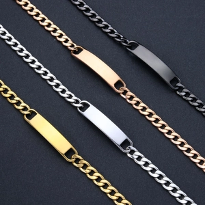 Polished stainless steel Cuban link ID bracelets in gold, silver, rose gold and black colors
