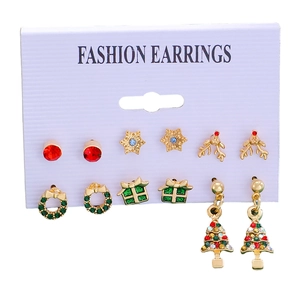 6-pair Christmas earring set with reindeer, tree and wreath festive pendant designs