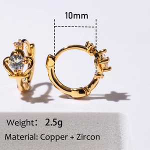 Detail view of 10mm gold crown earrings with zircon inlay and material specifications