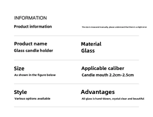 Technical specifications for hand-blown glass candlestick fitting 2.2cm to 2.5cm candles