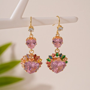 Vintage Light Luxury Heart Drop Earrings With Pink Zircon And Colorful Stones 925 Sterling Silver Earring Post For Women