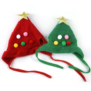 Christmas tree pet hat and bib set in red and green colors with gold star topper