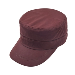 Top-down view of a burgundy cotton cadet hat with a flat top and reinforced stitched brim