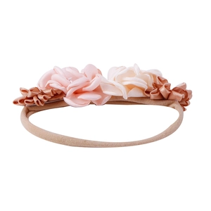 Detailed view of three satin fabric flowers on a soft elastic baby headband for girls