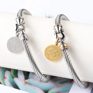 Saint Benedict medal 18K gold cable wire bracelet with twisted stainless steel design