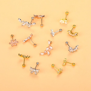 Micro-inlaid zircon ear studs with cross and wing designs in gold and silver plating