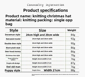 Size chart showing height weight and dimensions for various knitted Christmas hat styles