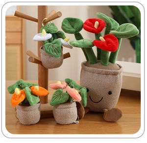 Plush red flower pot toy set with small colorful flower pendants on a wooden stand