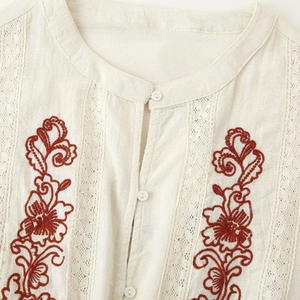 Ethnic embroidery beige cotton linen top with lace patchwork and floral patterns