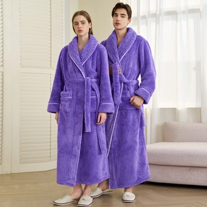 Thick purple coral fleece long bathrobe with shawl collar and waist tie for couples
