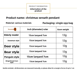 Size specifications chart for Christmas wreath pendants featuring Santa and Reindeer