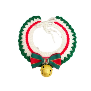 Christmas knit pet collar with red and green bow and golden bell for dogs and cats