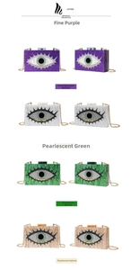 Dettaglio di pochette da sera in acrilico con design malocchio e catene in metallo in quattro colori