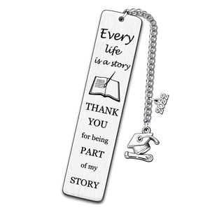 Detail of silver stainless steel bookmark with graduation cap and 2022 year pendants