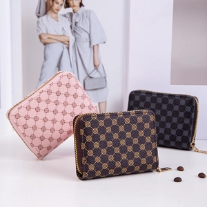 Women Zipper Card Holder Wallet Vintage Monogram Clover Print PU Leather Mini Accordion Coin Purse Daily Fashion Accessory