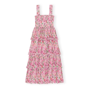 Chic pink floral spaghetti strap dress with high waist and tiered ruffle puff skirt