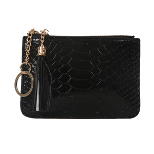 Chic black crocodile embossed leather coin purse with golden keychain and tassel detail