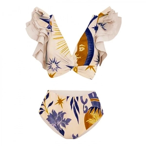 Ethnic print bikini set with ruffle sleeves and sun moon pattern in beige and blue