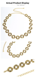 Detail view of gold punk metal waist chain with geometric circles and adjustable clasp