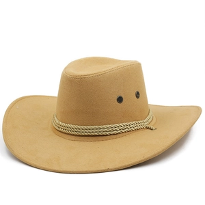 Close-up of camel faux suede cowboy hat with braided rope band and metal eyelets