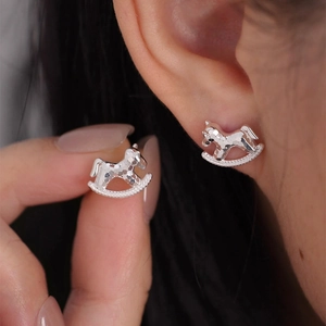 Rocking Horse Stud Earrings Zircon Copper With Silver Earring Post Hammered Korean Style Jewelry For Women