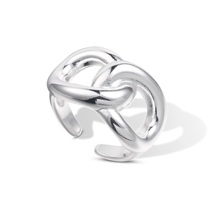 Minimalist silver interlocking knot ring with adjustable open band and polished finish