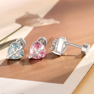 Creative titanium steel heart earrings with cross inlay in silver, blue, and pink colors