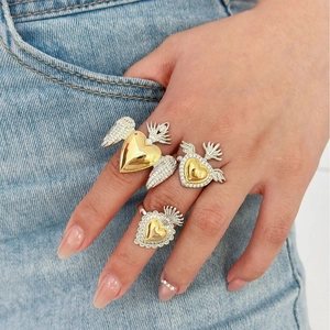 Gothic Sacred Heart Wings Ring Adjustable Copper Gold Silver Two Tone Rhinestone Vintage Jewelry Unisex