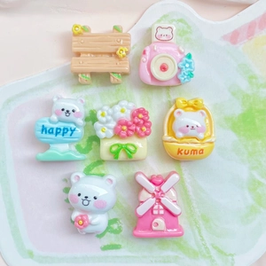 Cute resin DIY charms set featuring cartoon bears, pink camera, and mini windmills