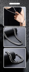 Macro detail of silver Cuban link chain set showing polished titanium steel texture