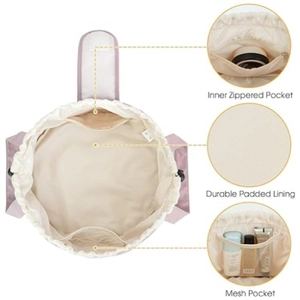 Detail of purple drawstring makeup bag interior showing mesh pocket and zippered storage