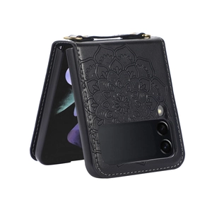 Detail of black leather folding phone case with embossed mandala pattern for Samsung Z Flip