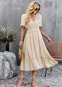 Elegant apricot V-neck maxi dress with side slit and waist tie in soft chiffon