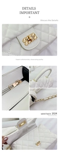Close-up of white quilted handbag with golden metal lock and woven chain strap details